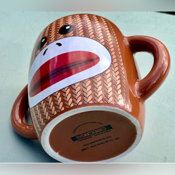 Gallerie SOCK MONKEY Double Jug Handle Brown 2 Side Cartoon Ceramic Coffee Mug - Picture 10 of 10